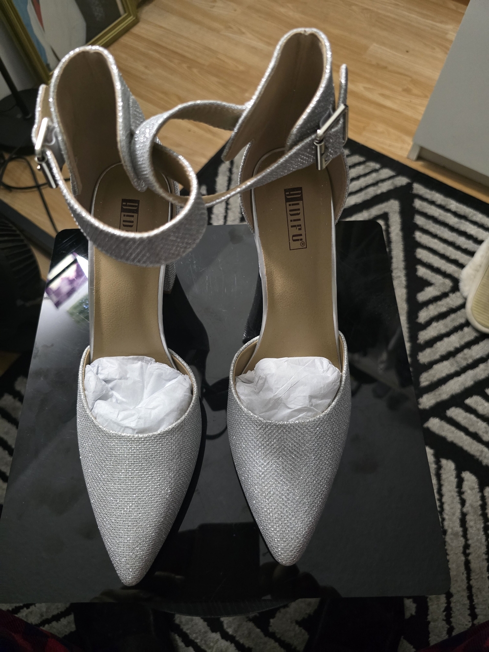 Aldo Silver Glitter Pointed Ankle-Strap Heels